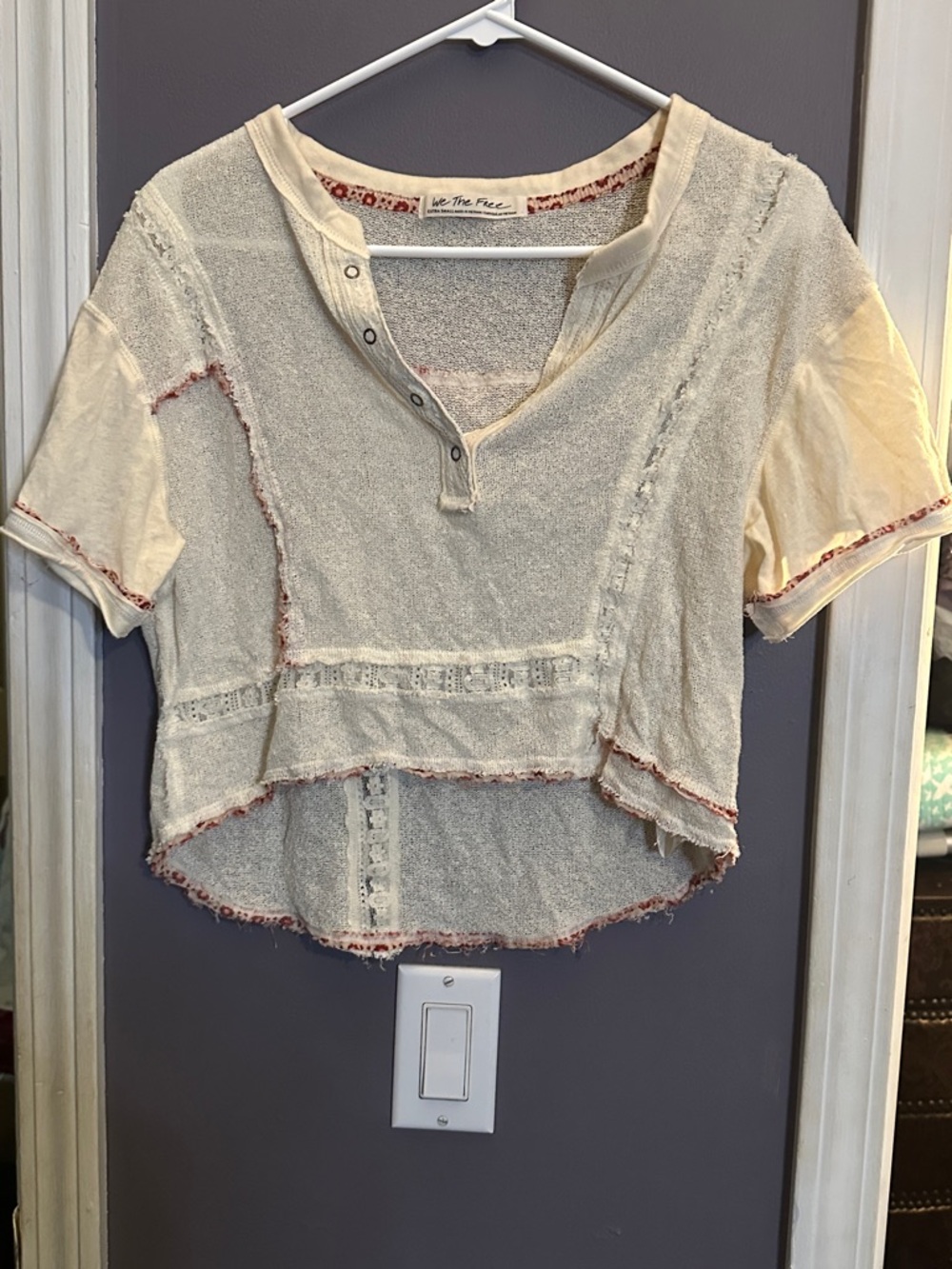 We The Free Cream Cropped Henley with Subtle Pink Trim